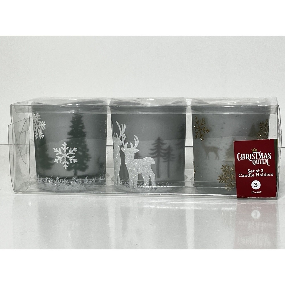 Christmas Queen Frosted Christmas Winter Set‎ Of 3 Votive Candleholders